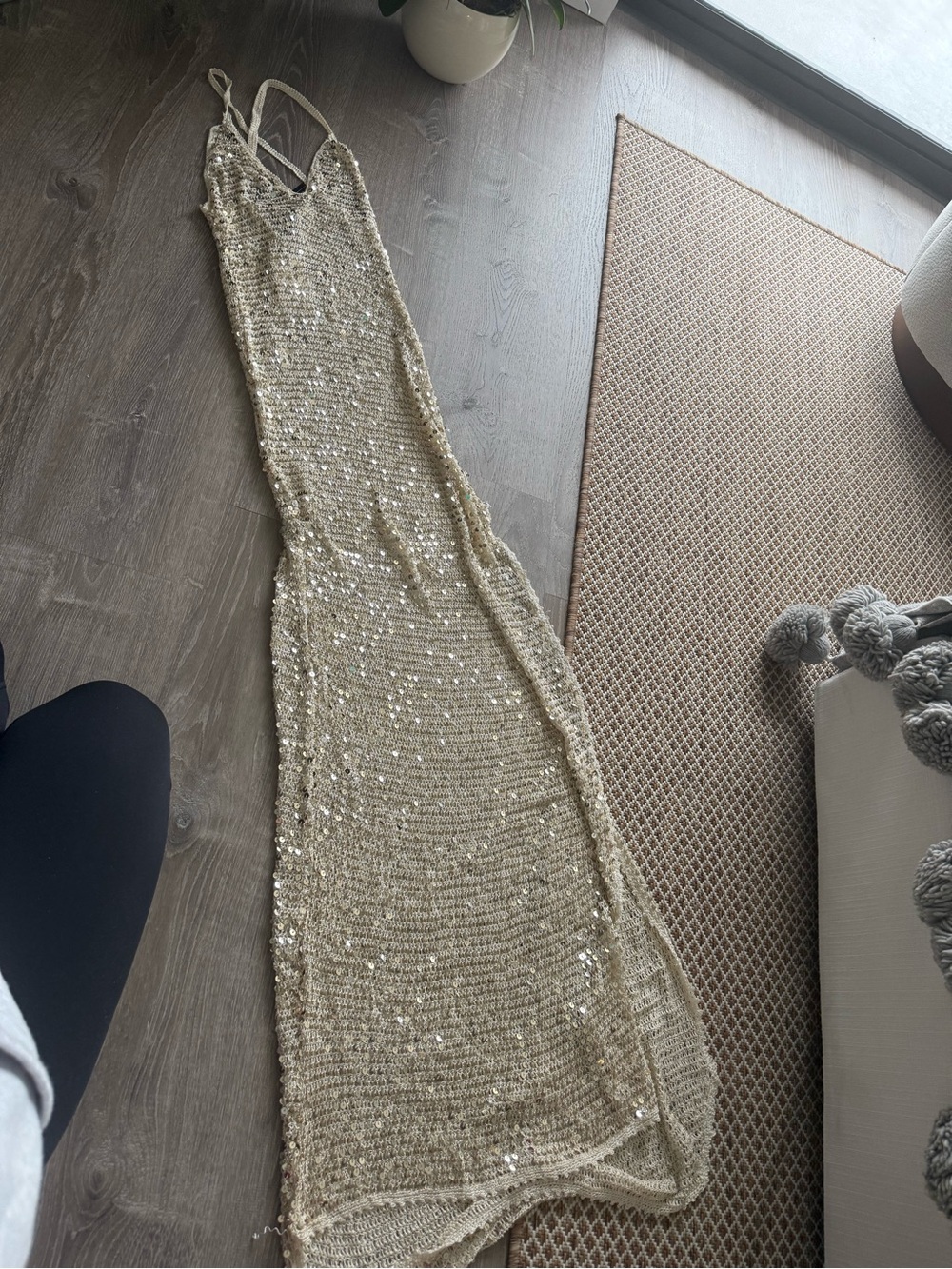 NWT Retrofête Marie Sequin Crochet Maxi Dress Ivory Gold